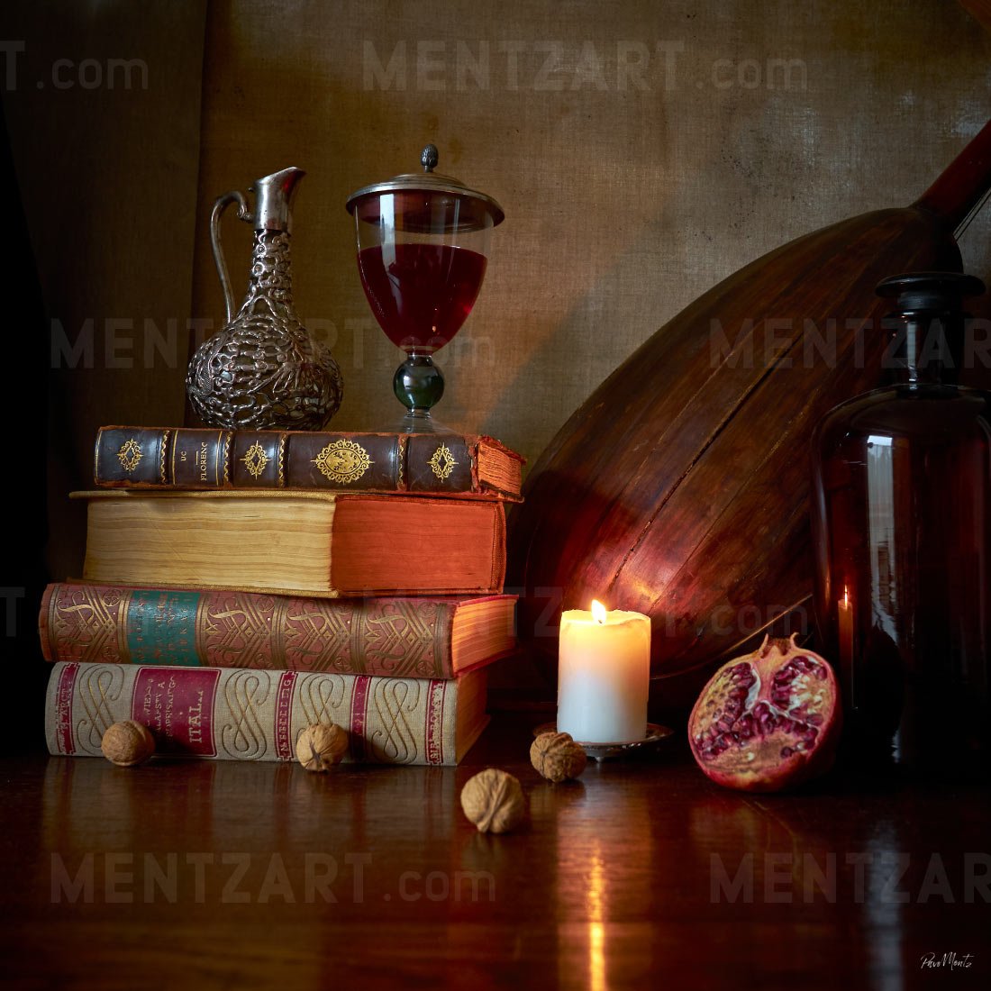 Still life with books, wine and candle