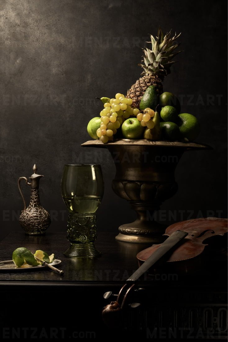 Still life with green fruits and violin