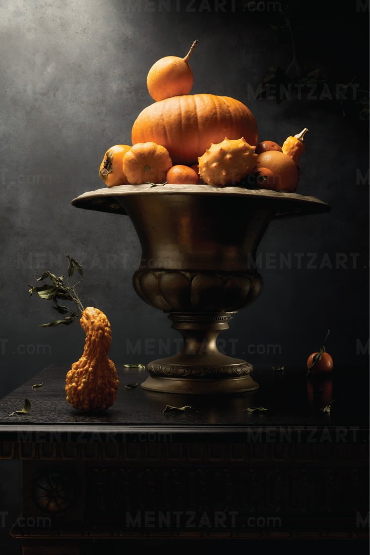 Still life with orange fruits and pumpkins